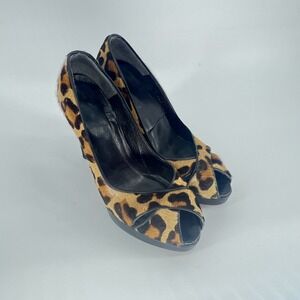 Stuart Weitzman 7.5 M Cheetah Print Faux Fur Peep Toe Slip On Designer‎ Heels
